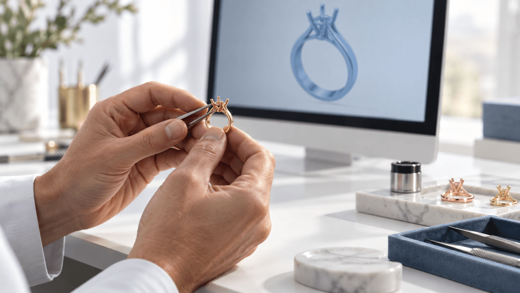 Illustrative scene of a jeweller inspecting an empty gold setting beside a model display